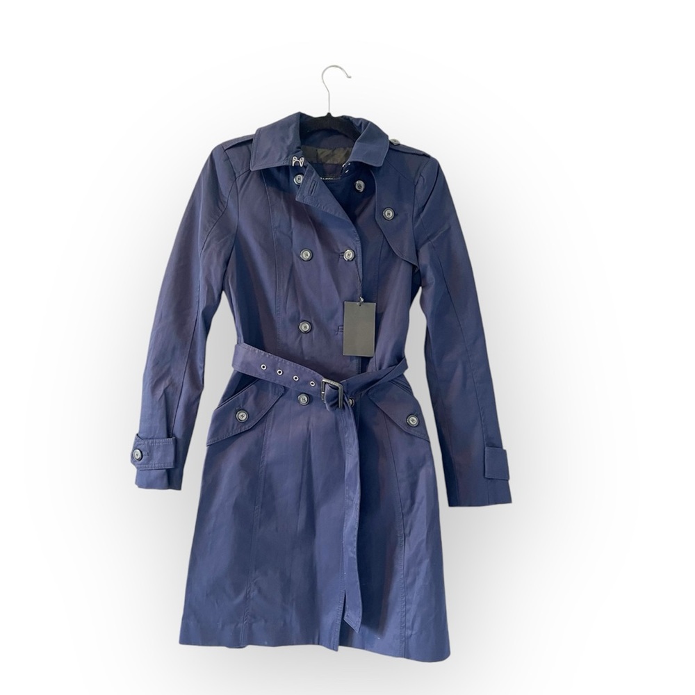 NWT Zara navy blue trench coat jacket cotton double breasted belted small - Picture 3 of 11
